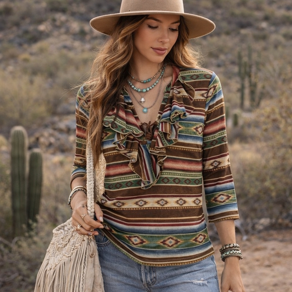 Chaps Y2K Boho Western Aztec Ruffle Tie-Neck Top | Festival Cowgirl